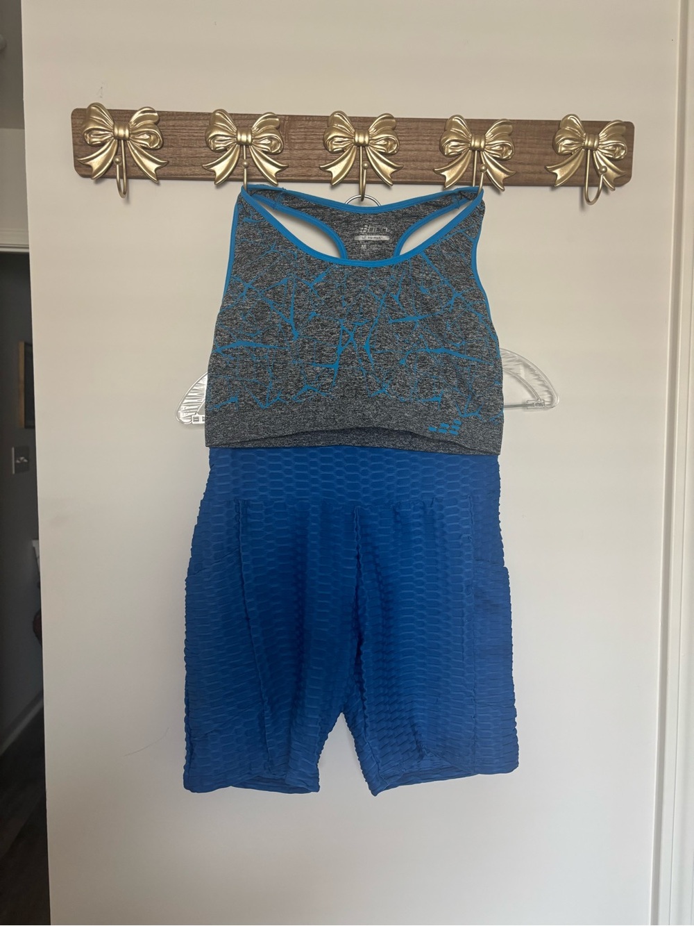 Blue and Gray Racerback Tank with Blue Textured Scrunch Butt Biker Shorts Set